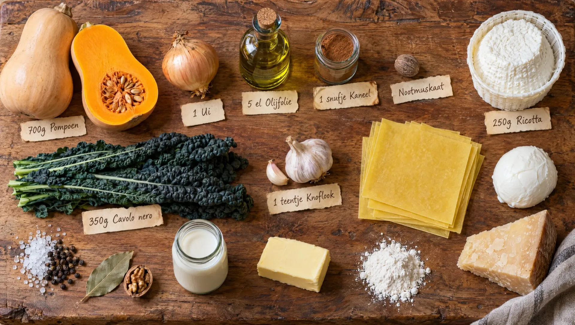 Ingrediënten voor lasagne met pompoen: flespompoen, cavolo nero, ricotta, mozzarella, Parmigiano, ui en lasagnebladen