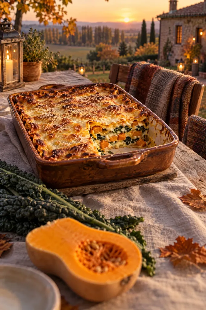 Lasagne met pompoen en cavolo nero op een houten tafel in Emilia in de herfst, met een halve pompoen en bladeren palmkool