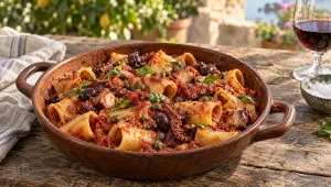 Paccheri met octopus in tomatenragù met olijven en kappertjes in een brede aardewerken pan, met basilicum erop