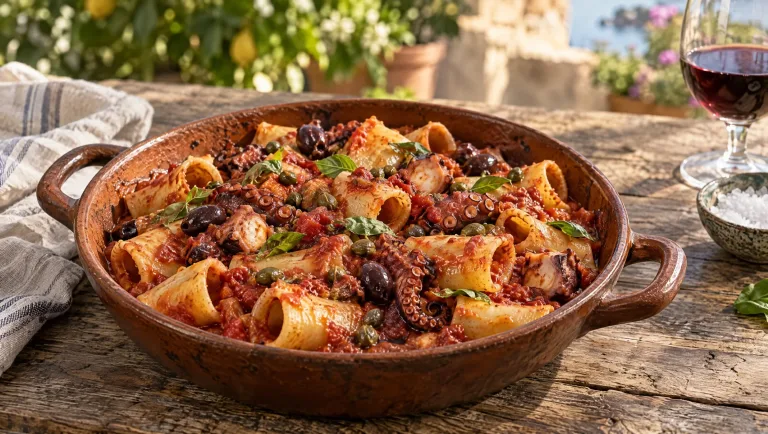 Paccheri met octopus in tomatenragù met olijven en kappertjes in een brede aardewerken pan, met basilicum erop