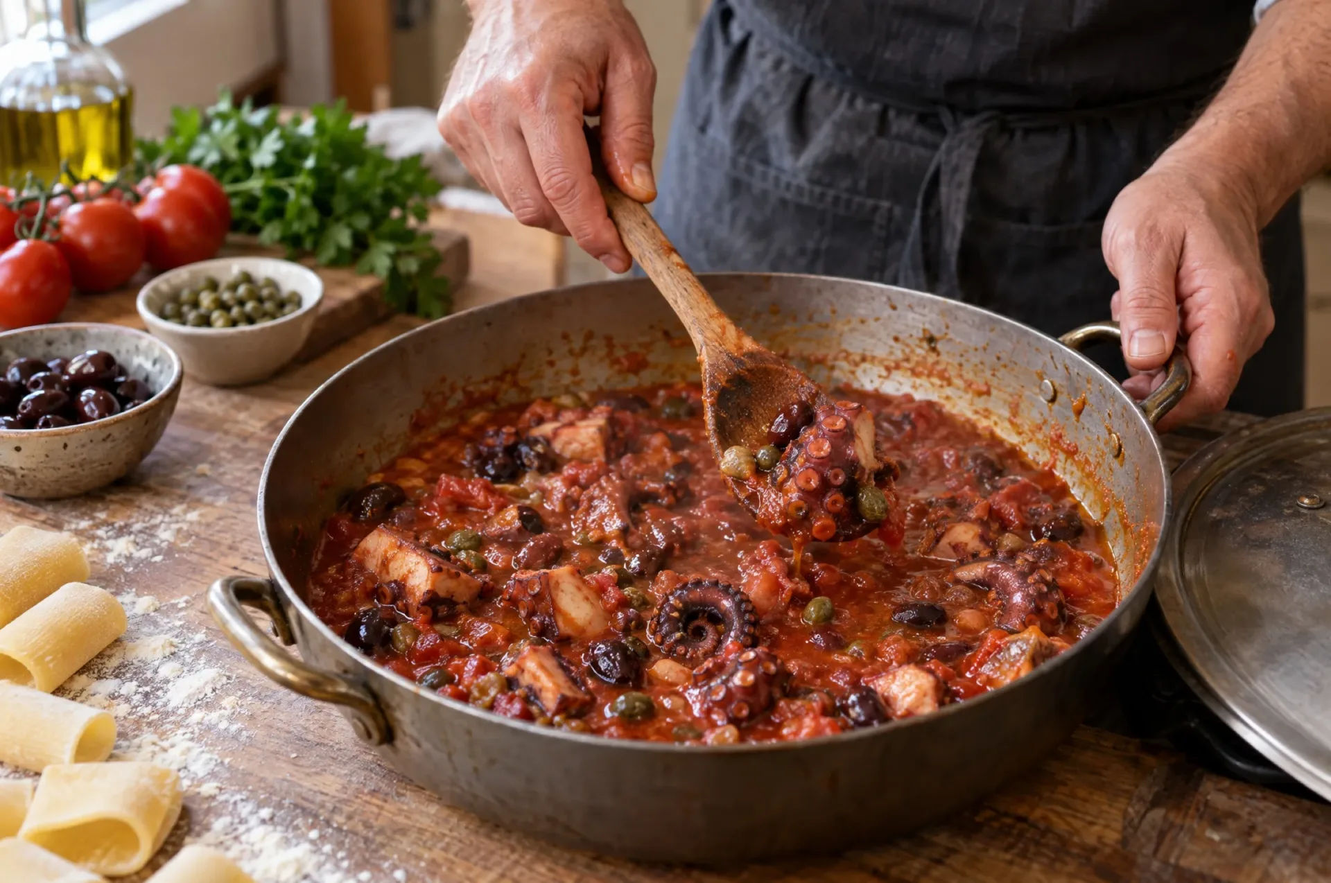 Stukken octopus voor paccheri met octopus sudderen in tomatenragù met olijven en kappertjes in een brede pan
