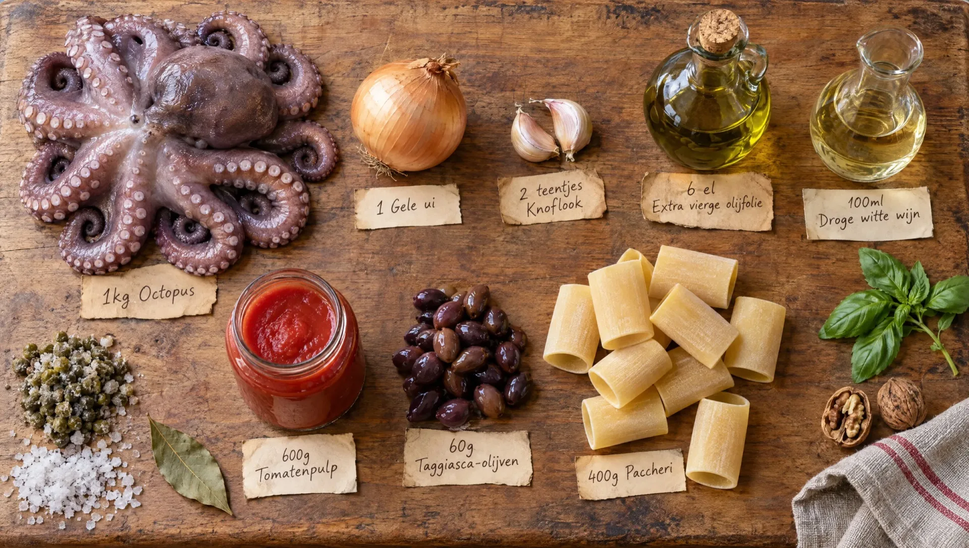 Ingrediënten voor paccheri met octopus: hele polpo, paccheri, passata, olijven, kappertjes en basilicum