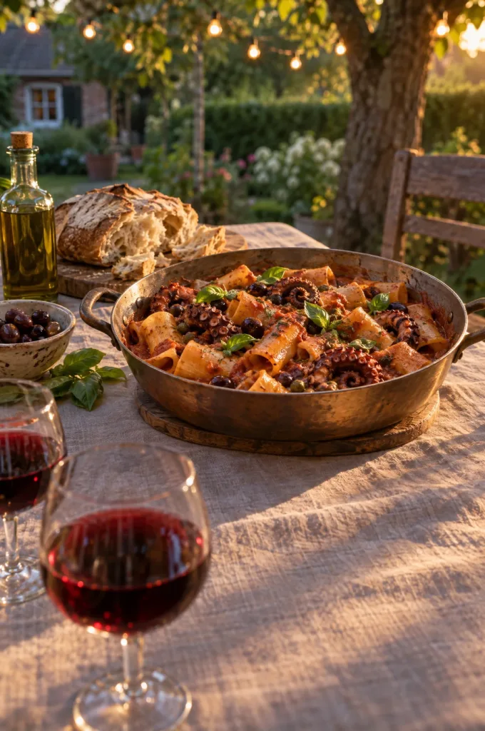 Tafel in de tuin met een pan paccheri met octopus, een karaf wijn en borden voor vier personen