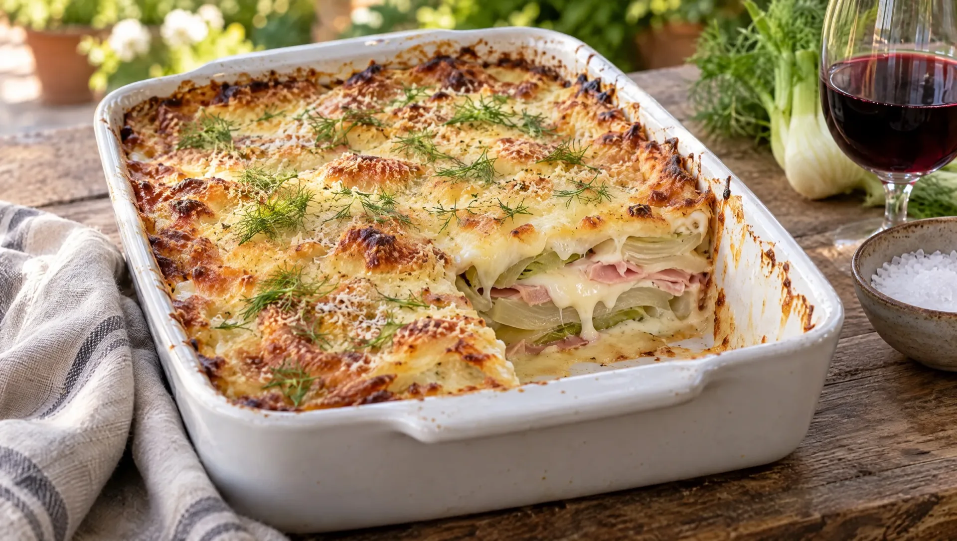 Ovenschaal parmigiana di finocchi met goudbruine korst, venkelplakken, gesmolten provola en venkelloof op een houten tafel