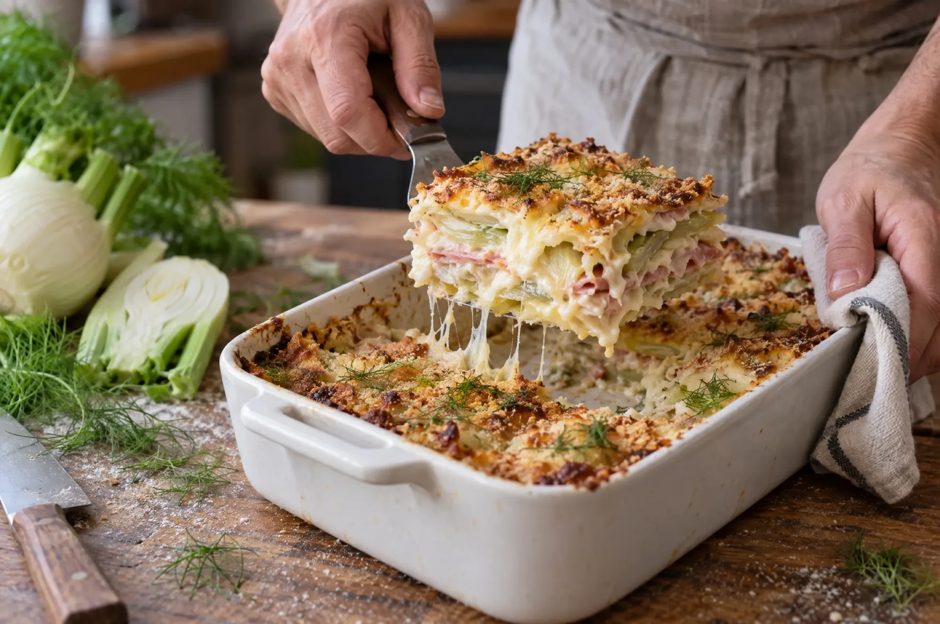 Doorgesneden parmigiana di finocchi: lagen venkel, bechamelsaus, ham en gesmolten provola onder een goudbruine korst