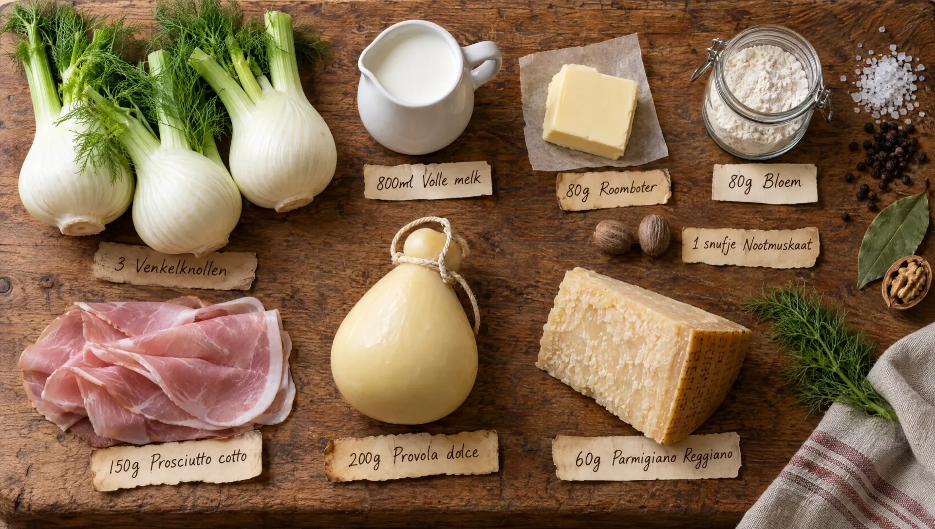 Ingrediënten voor parmigiana di finocchi: venkelknollen, prosciutto cotto, provola, Parmigiano, melk, boter en bloem