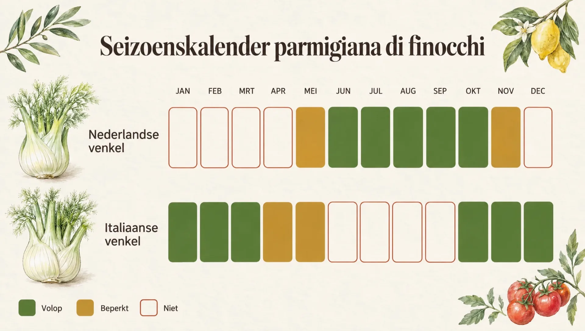 Seizoenskalender voor parmigiana di finocchi: venkel per maand, met de Italiaanse oogst van oktober tot in het voorjaar