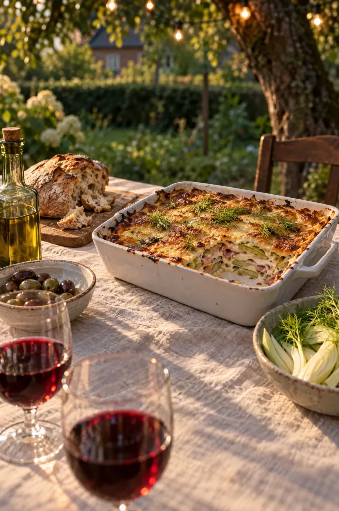 Parmigiana di finocchi in een ovenschaal op een gedekte tuintafel met brood, olijven, wijnglazen en lichtjes