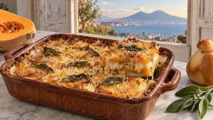 Parmigiana di zucca in een ovenschaal op een tafel in Campania in de herfst, met rauwe flespompoen, provola en salie