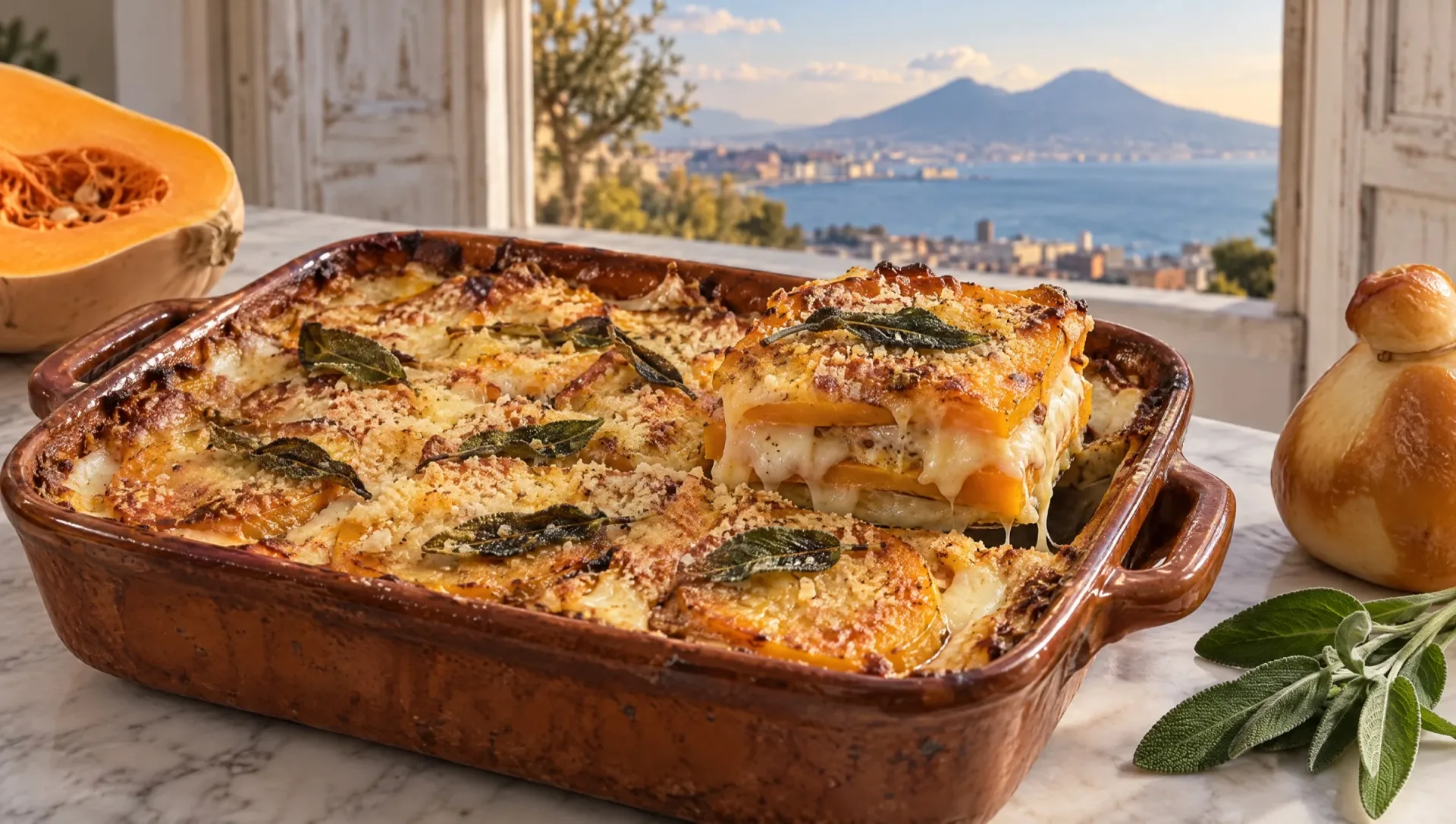 Parmigiana di zucca in een ovenschaal op een tafel in Campania in de herfst, met rauwe flespompoen, provola en salie