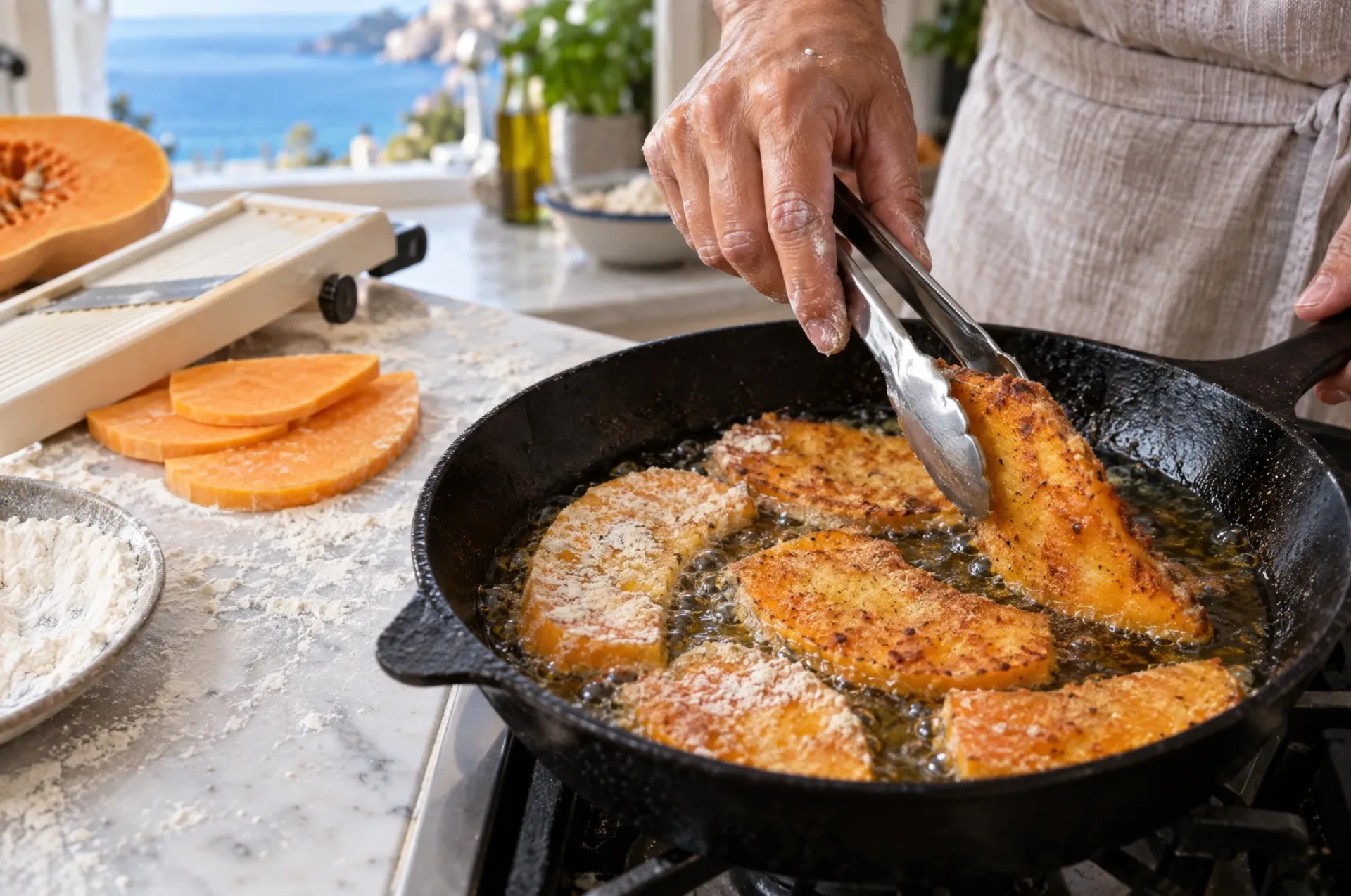 Plakken pompoen voor parmigiana di zucca bakken goudbruin in olijfolie in een ijzeren pan, een tang draait er een om
