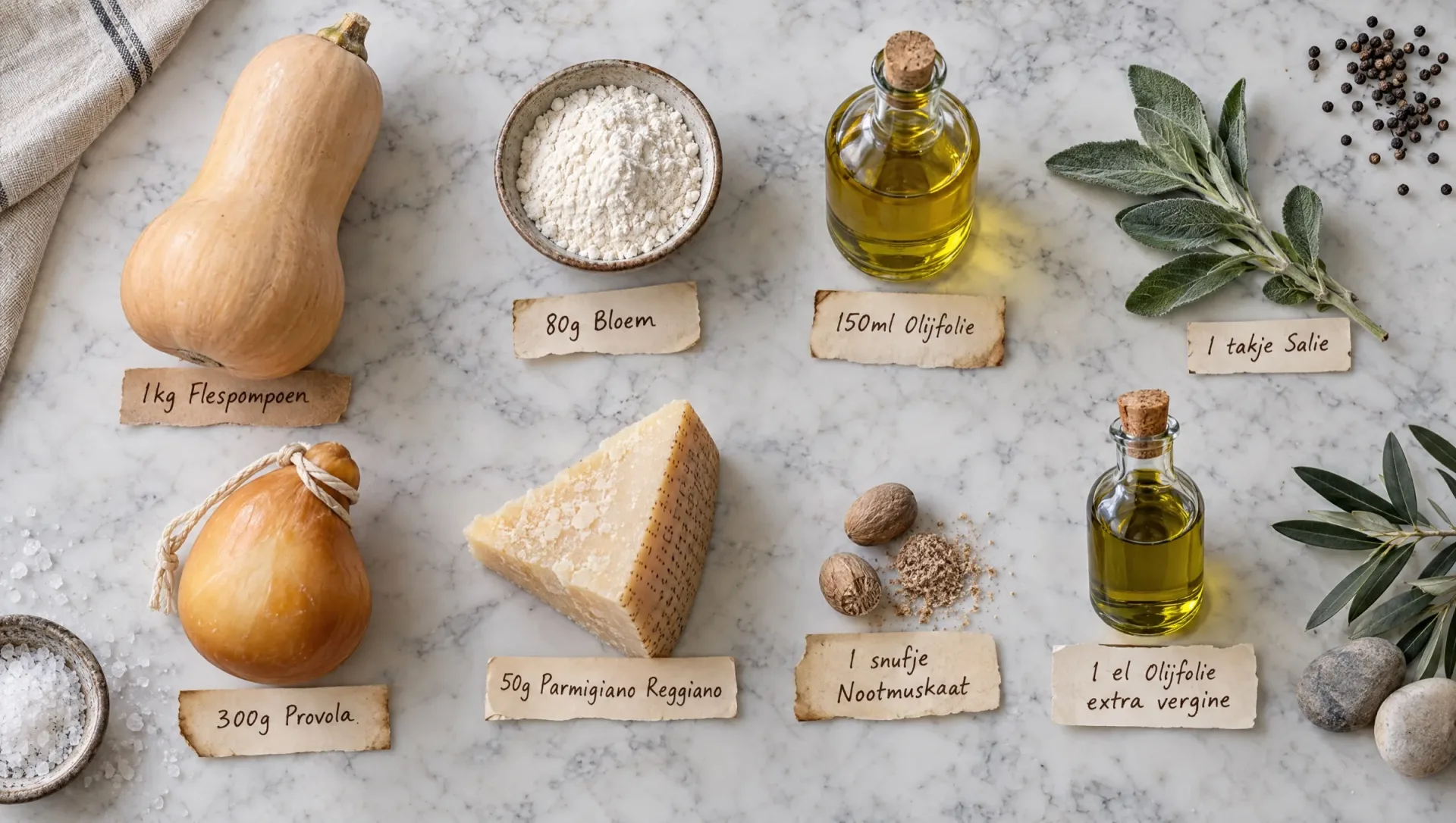 Ingrediënten voor parmigiana di zucca: flespompoen, gerookte provola, Parmigiano Reggiano, bloem, salie en olijfolie