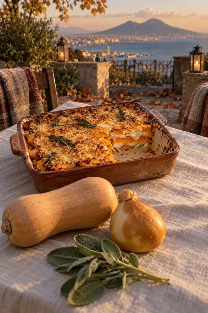 Parmigiana di zucca op een marmeren tafel in Campania in de herfst, met rauwe flespompoen, provola en salie ernaast
