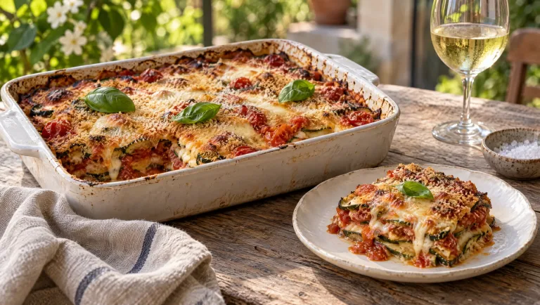 Ovenschaal parmigiana di zucchine met gesmolten mozzarella, cherrytomaatjes en basilicum op een houten tafel