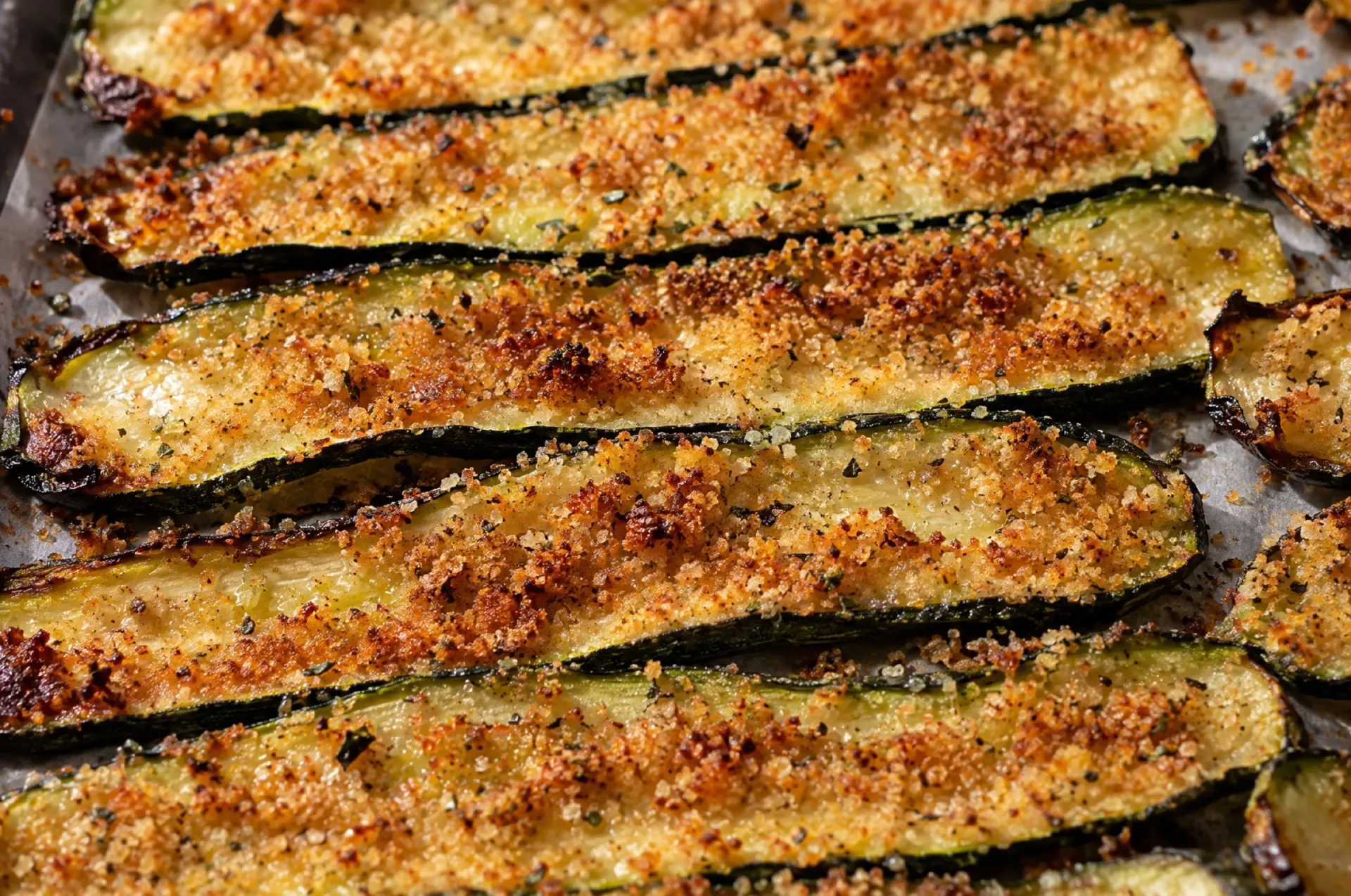 Courgetteplakken in de lengte voor parmigiana di zucchine op bakpapier, met paneermeel goudbruin gebakken in de oven