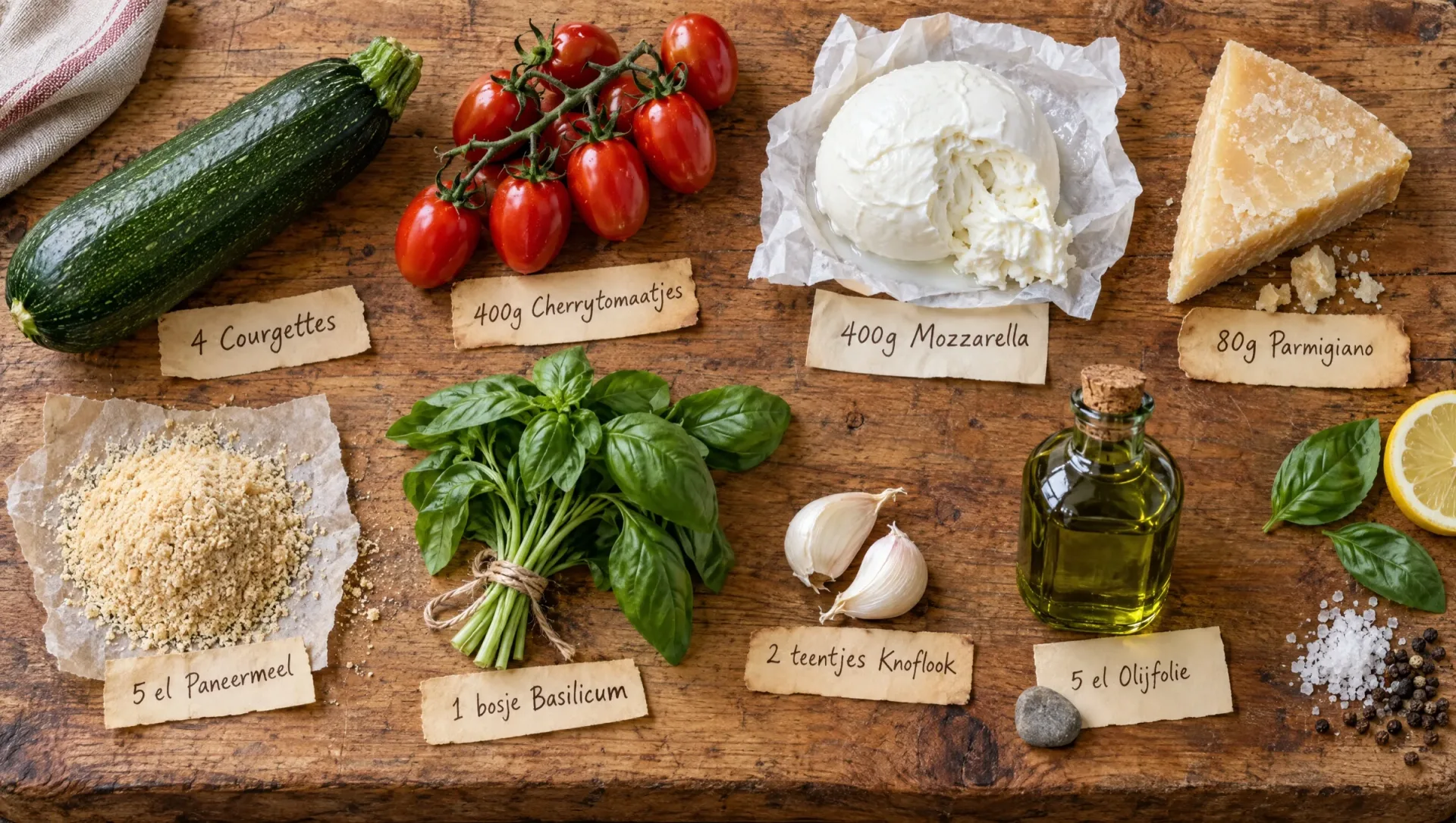 Ingrediënten voor parmigiana di zucchine: courgettes, cherrytomaatjes, mozzarella, Parmigiano, paneermeel en basilicum