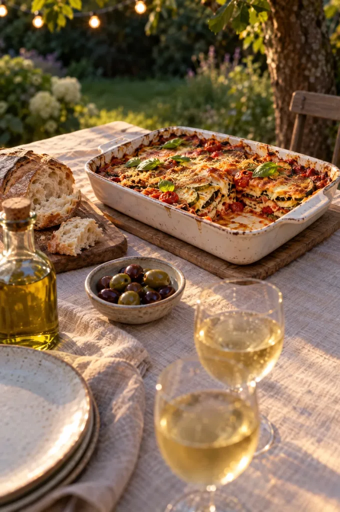 Parmigiana di zucchine in een ovenschaal op een gedekte tuintafel in avondlicht, met witte wijn, brood en olijven