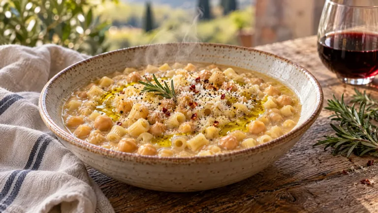 Diep bord pasta e ceci met kikkererwten, ditalini, rozemarijn en een straal olijfolie op een houten tuintafel