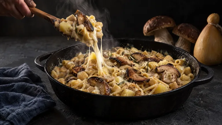 Pasta met aardappel en porcini in een zwarte gietijzeren pan op een donkere leistenen tafel, met rauwe porcini en provola