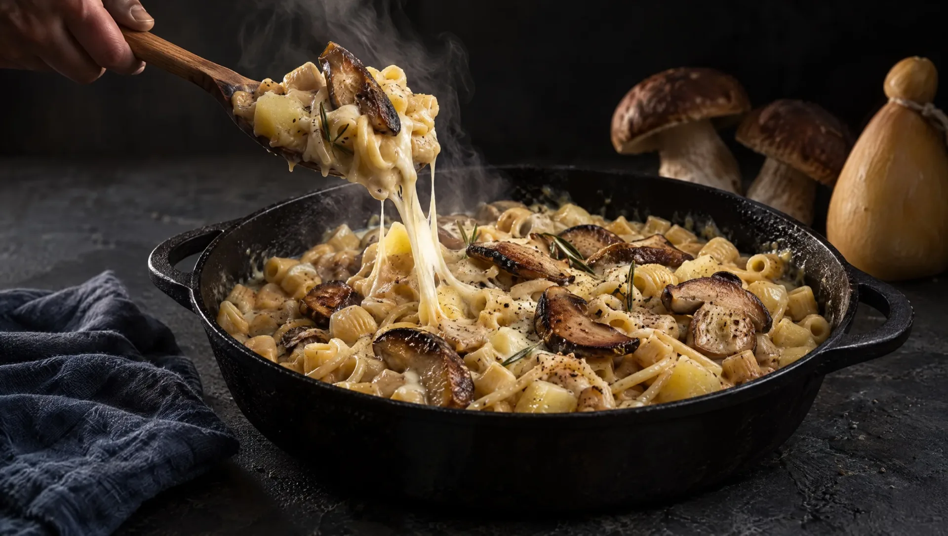 Pasta met aardappel en porcini in een zwarte gietijzeren pan op een donkere leistenen tafel, met rauwe porcini en provola