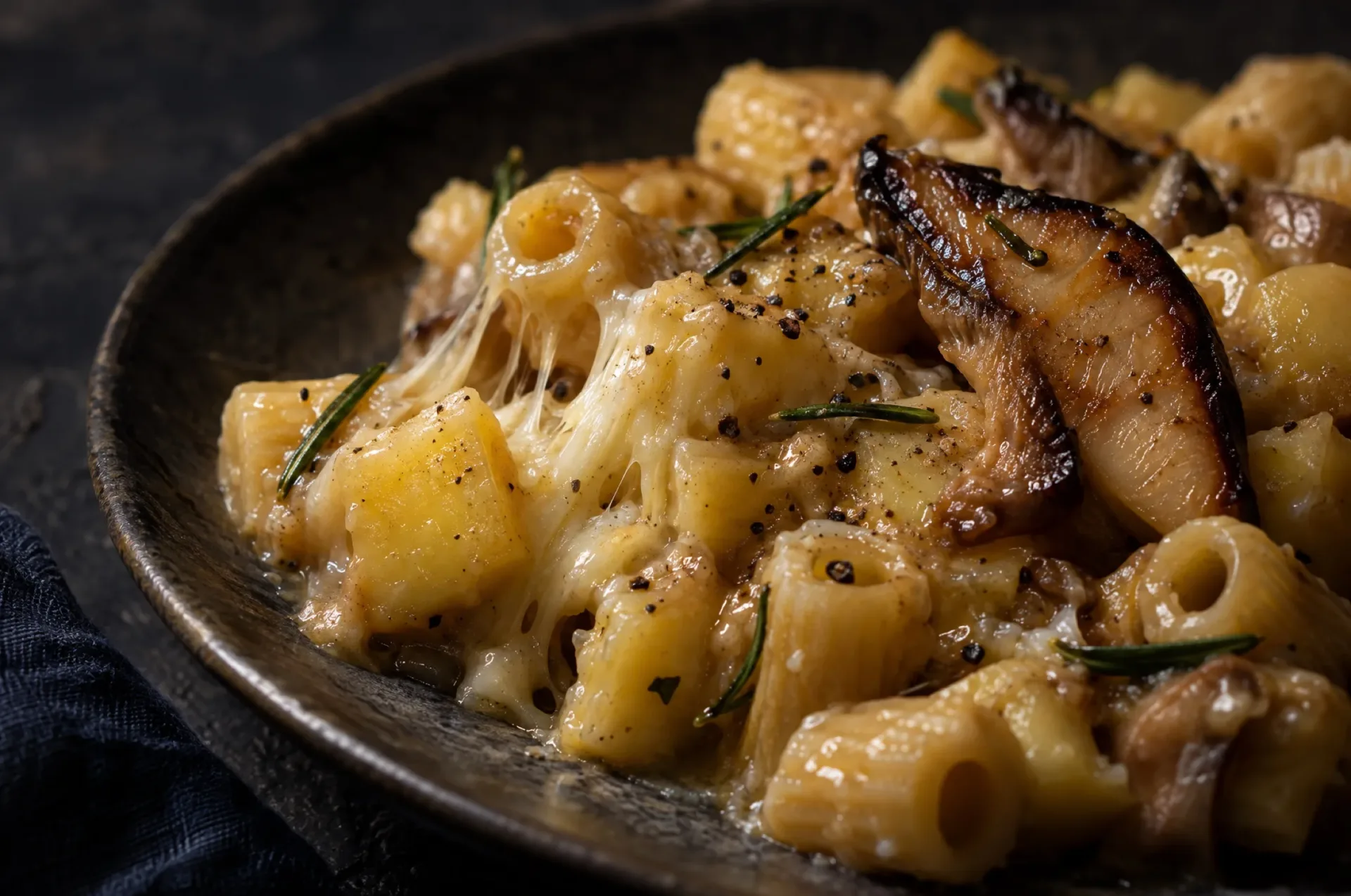 Detail van pasta met aardappel en porcini: gesmolten provola en stukjes aardappel in een dikke, glanzende saus