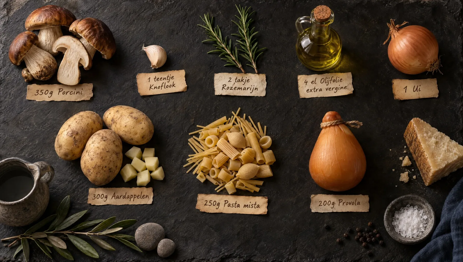 Ingrediënten voor pasta met aardappel en porcini: porcini, aardappelen, ui, provola, Parmigiano, rozemarijn en pasta mista