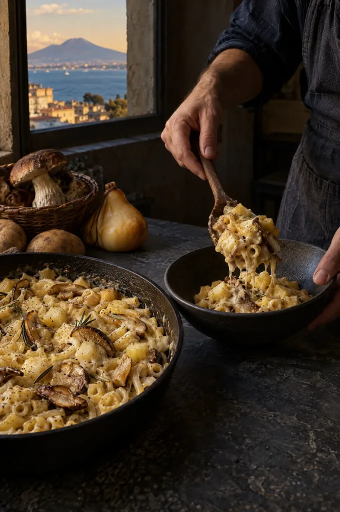 Handen van de kok scheppen pasta met aardappel en porcini in een donkere keuken, bij het raam op de Golf van Napels