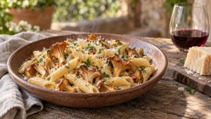 Pasta met cantharellen, boter en Parmigiano Reggiano in een diep bord met gehakte peterselie