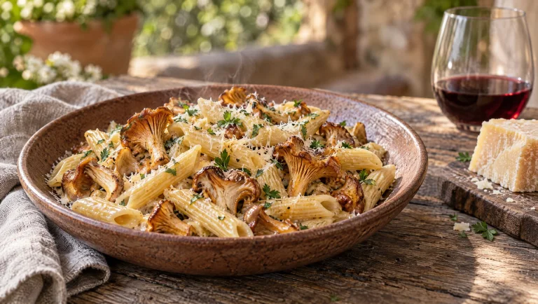 Pasta met cantharellen, boter en Parmigiano Reggiano in een diep bord met gehakte peterselie