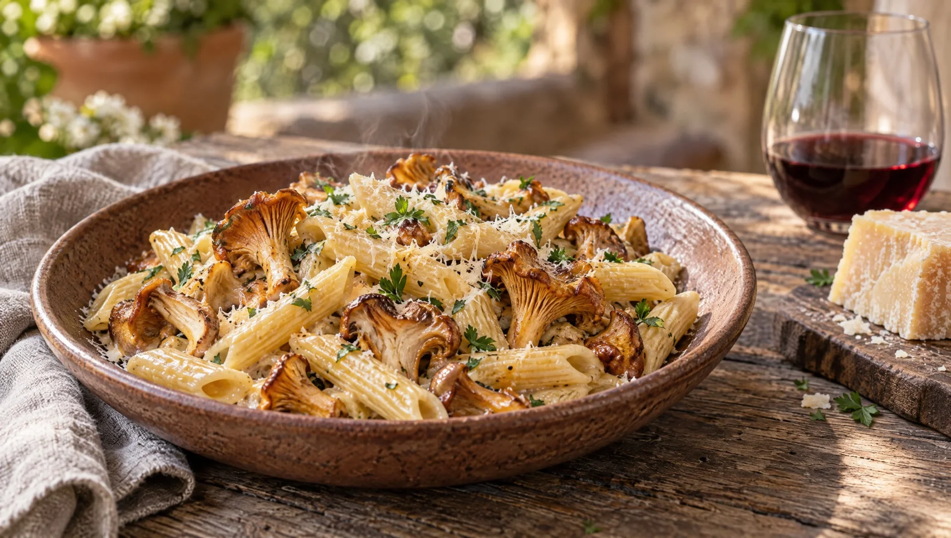 Pasta met cantharellen, boter en Parmigiano Reggiano in een diep bord met gehakte peterselie