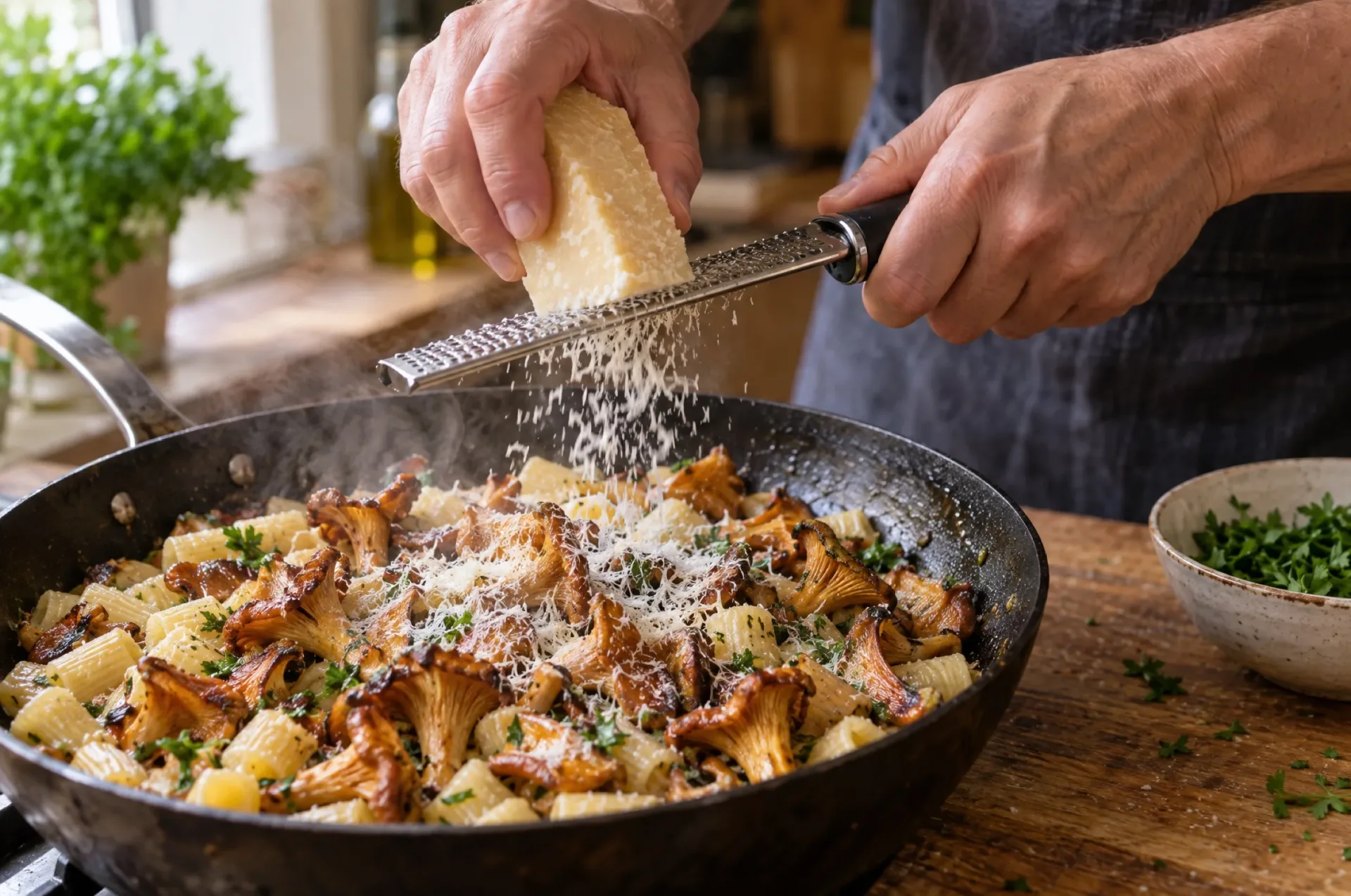 Handen raspen Parmigiano Reggiano over een koekenpan met pasta met cantharellen en peterselie