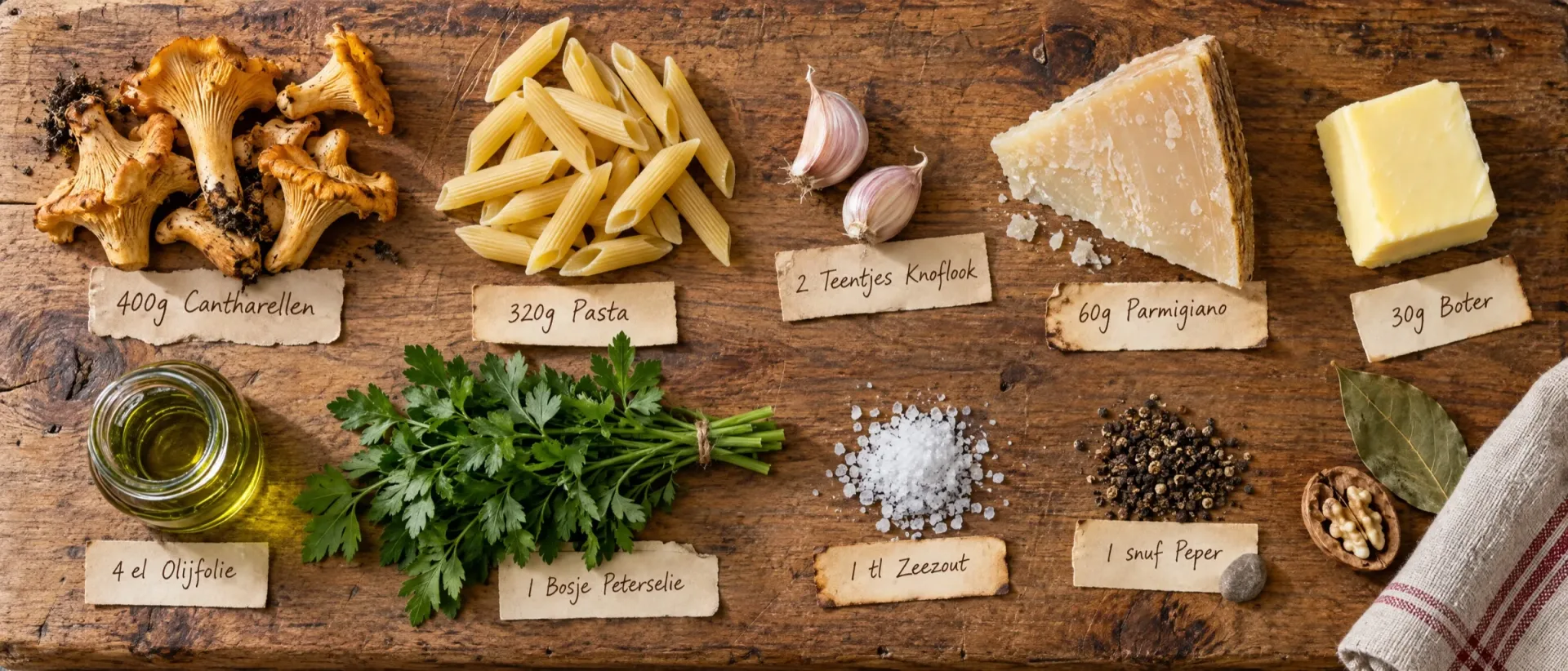 Ingrediënten voor pasta met cantharellen: cantharellen, penne, knoflook, Parmigiano Reggiano, boter, olijfolie, platte peterselie, zeezout en peper