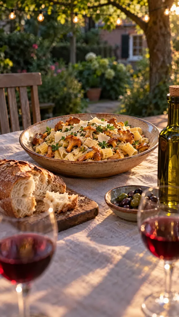 Tuintafel in avondlicht met een schaal pasta met cantharellen en Parmigiano, brood, olijven, een fles olijfolie en twee glazen rode wijn