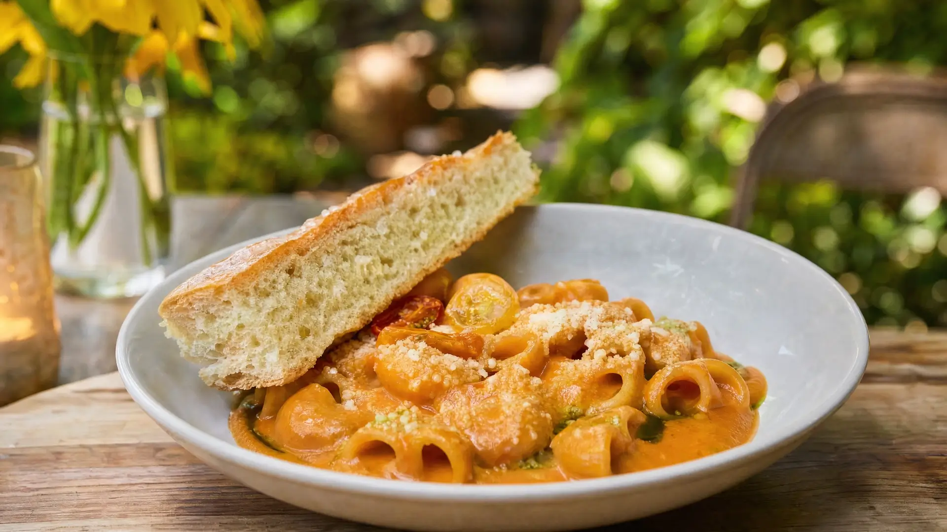 Pasta met Drie Soorten Tomaat, Vodka en Aromatische Basilicumolie Pasta met Drie Soorten Tomaat, Vodka en Aromatische Basilicumolie