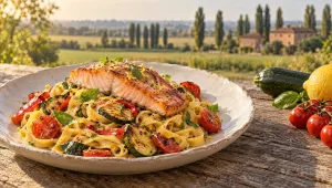 Pasta met zalm en geroosterde groenten: tagliatelle met courgette, rode paprika, kerstomaten, zalmfilet en basilicum