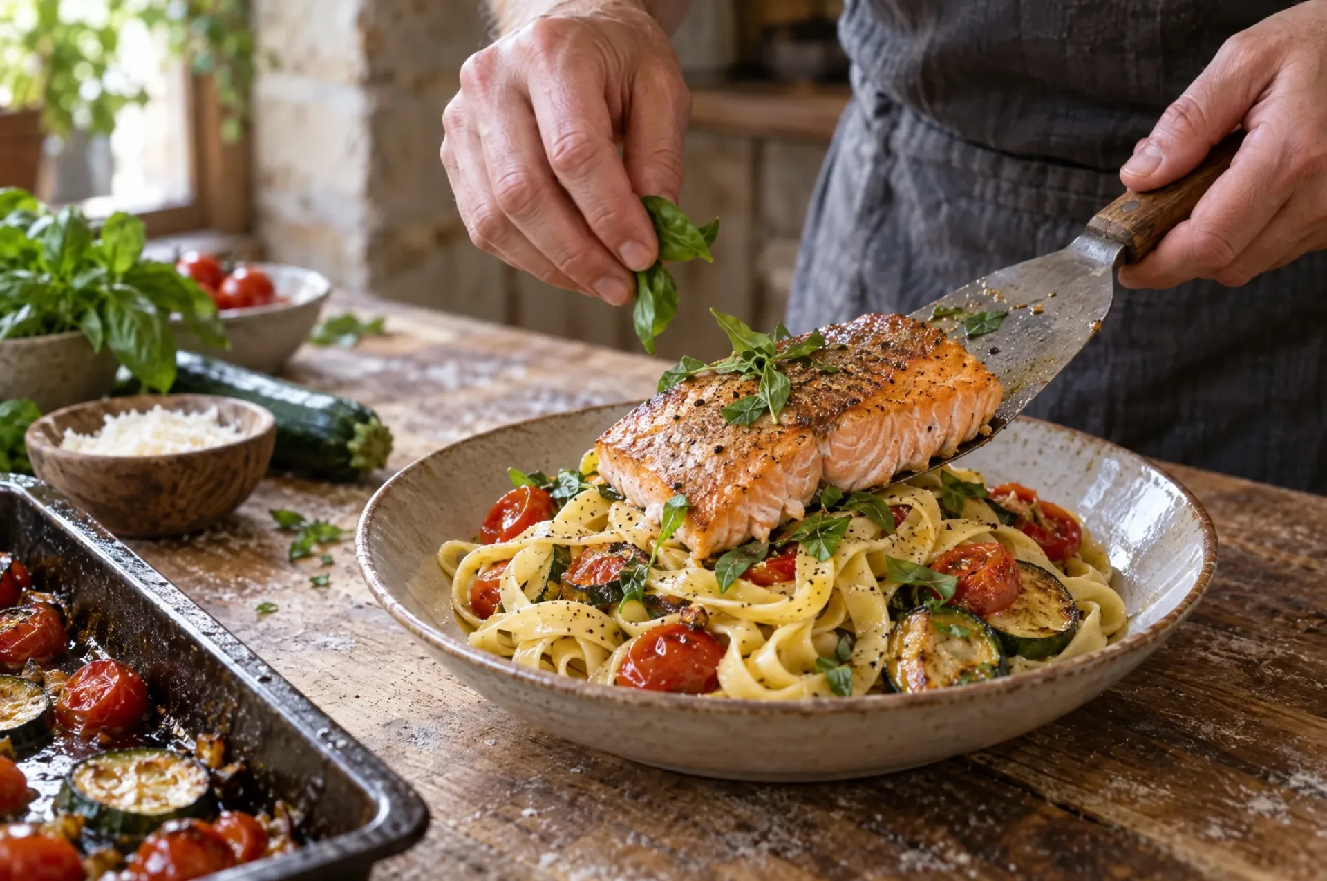 Pasta met zalm van dichtbij: glazige zalmfilet op tagliatelle met geroosterde kerstomaten, courgette en basilicum