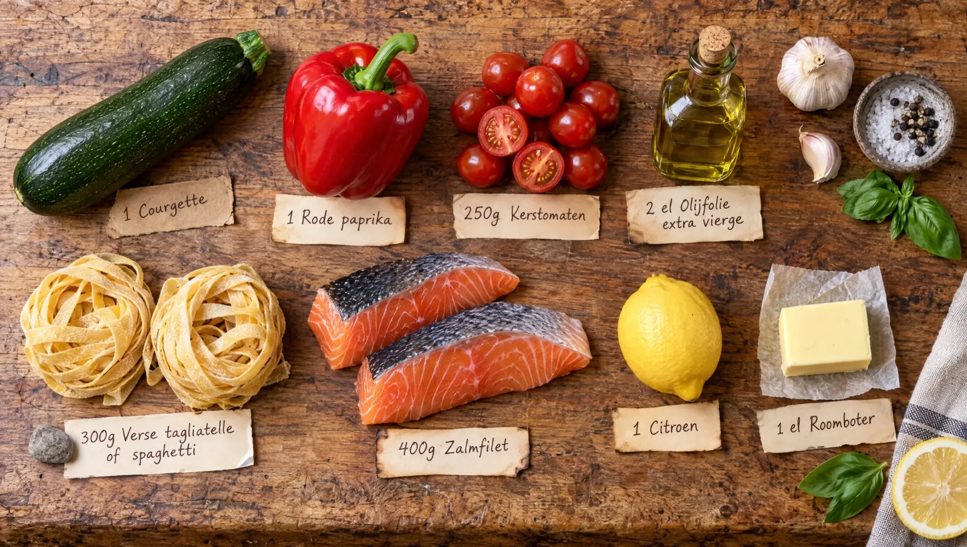 Ingrediënten voor pasta met zalm: zalmfilet, verse tagliatelle, courgette, rode paprika, kerstomaten, citroen en basilicum