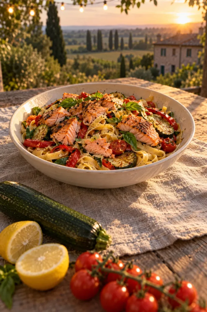 Pasta met zalm en geroosterde groenten in een grote schaal op een gedekte tafel buiten, op een zomeravond