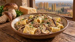 Pasta met salsiccia en porcini in een schaal op een herfsttafel in Emilia, met verse porcini, Parmigiano en peterselie