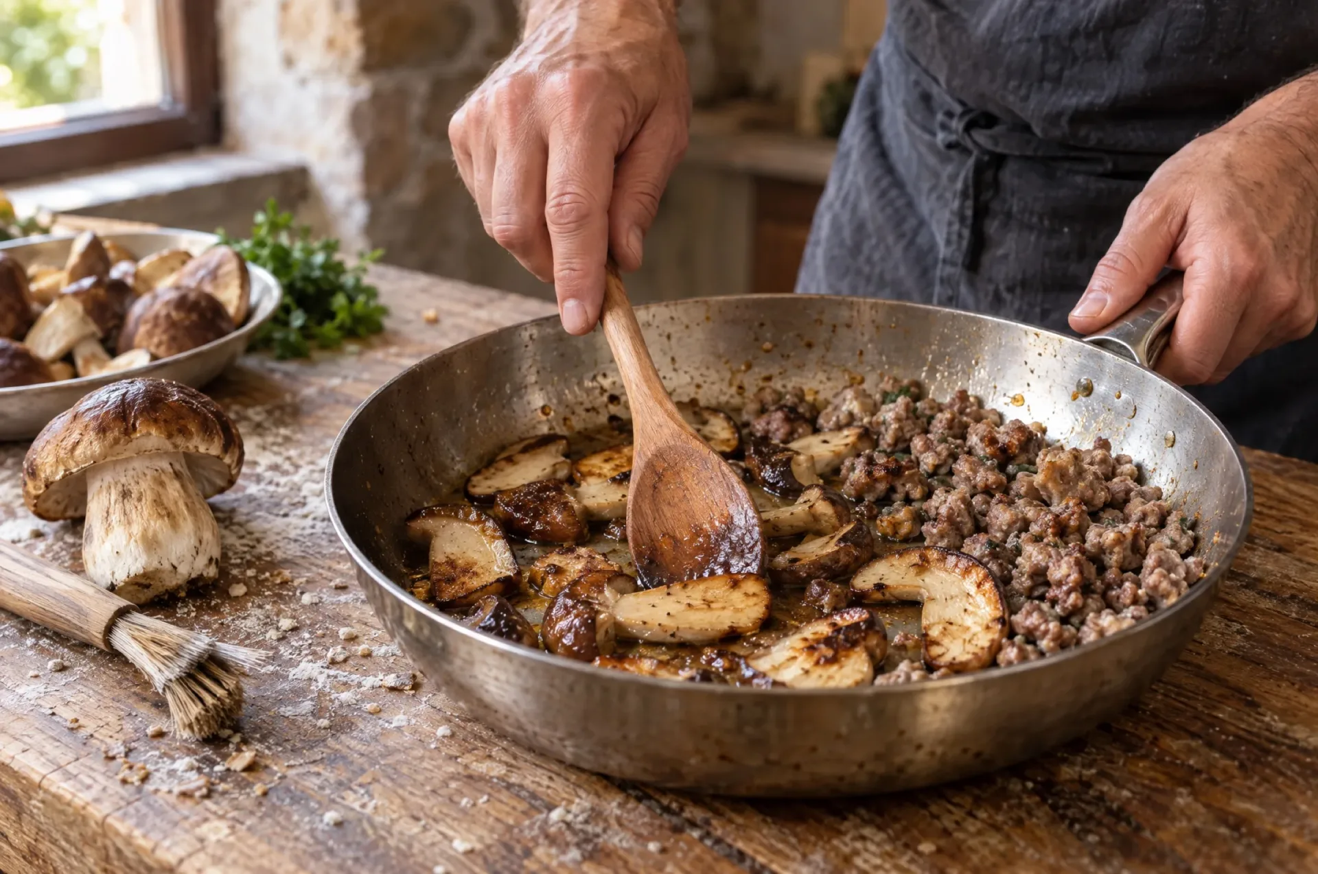 Plakken verse porcini bakken goudbruin tussen verkruimelde salsiccia in een pan voor pasta met salsiccia en porcini