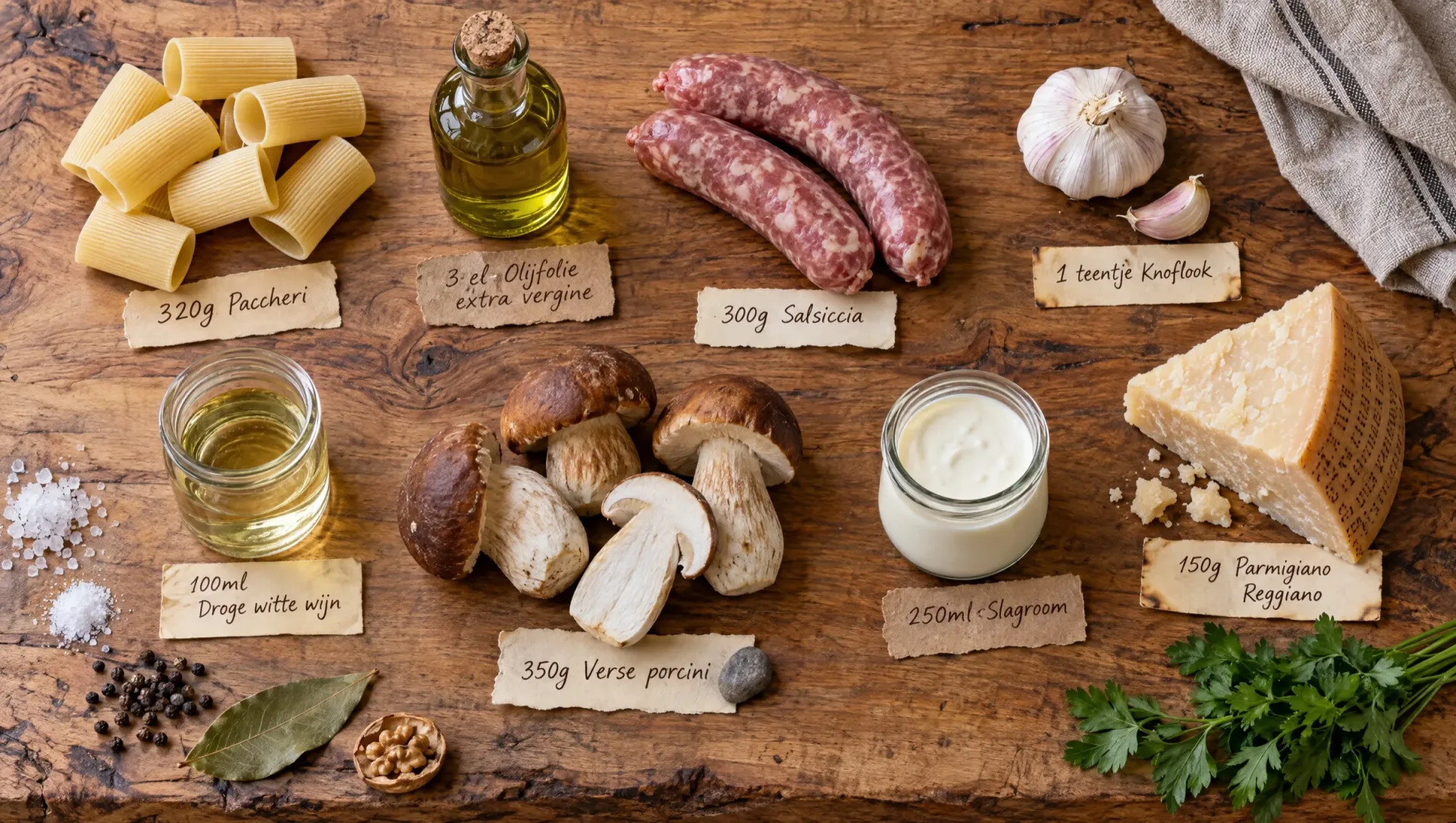 Ingrediënten voor pasta met salsiccia en porcini: paccheri, salsiccia, verse porcini, room, Parmigiano Reggiano en peterselie
