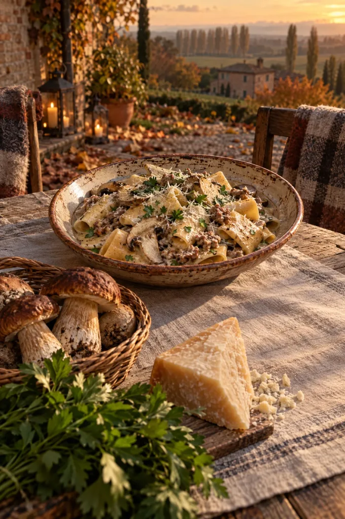 Herfsttafel in Emilia met een schaal pasta met salsiccia en porcini, verse porcini, een stuk Parmigiano en peterselie