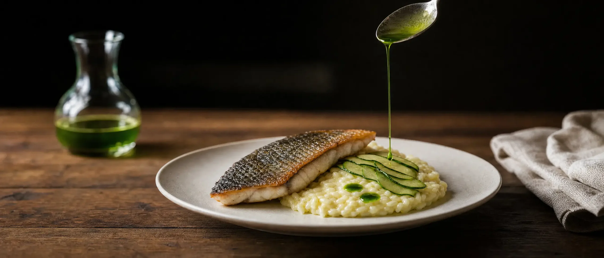 Gebakken visfilet op risotto met groene kruidenolie