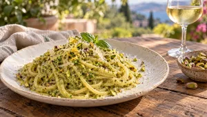 Bord linguine met groene pistachepesto, gehakte pistachenoten en basilicum op een houten tafel