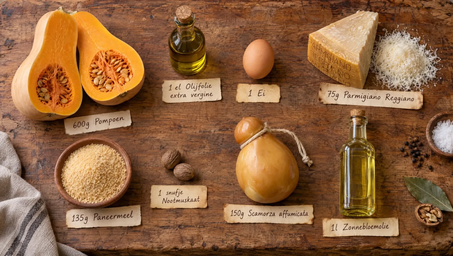 Ingrediënten voor pompoenballetjes: flespompoen, scamorza affumicata, ei, Parmigiano Reggiano, paneermeel en nootmuskaat