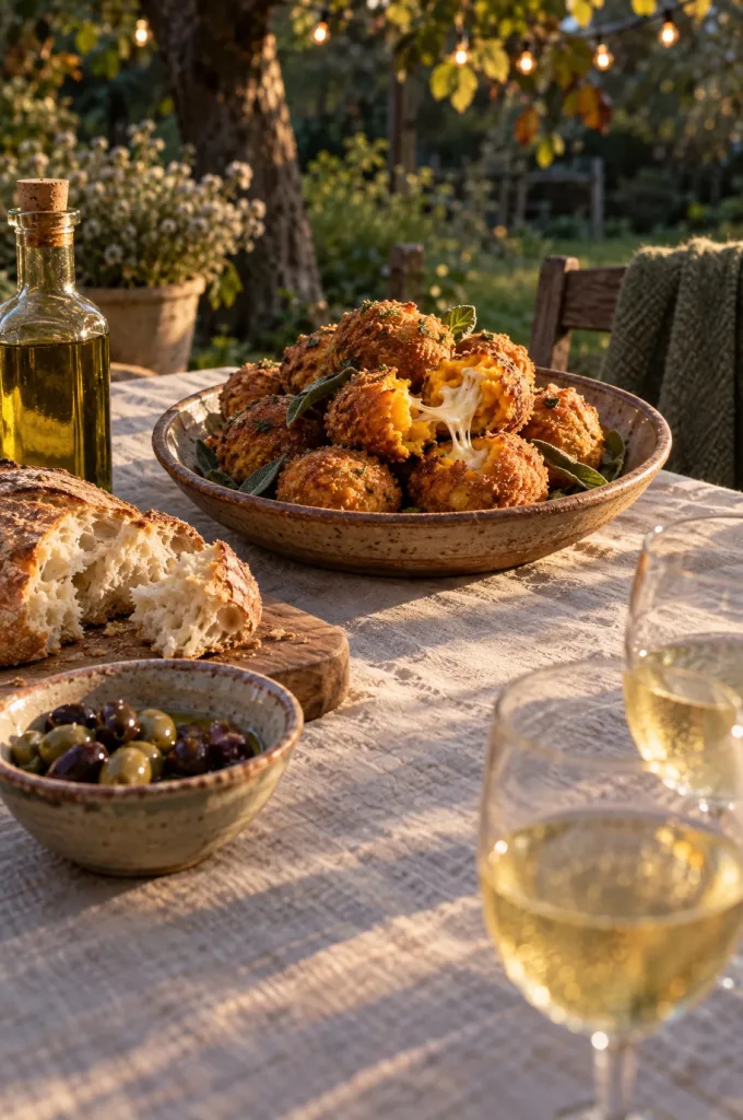 Schaal met pompoenballetjes en twee glazen witte wijn op een gedekte tuintafel in herfstlicht