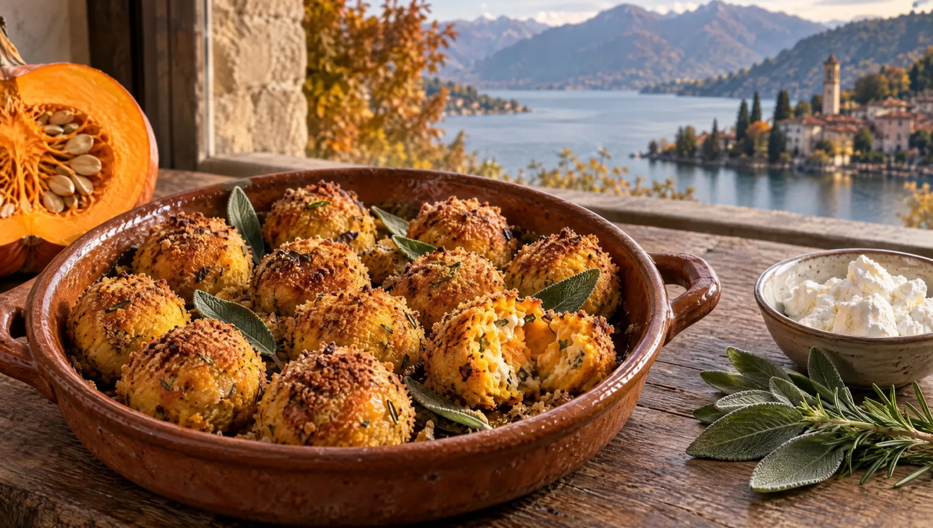 Pompoenballetjes uit de oven in een aardewerken schaal op een herfsttafel aan een Lombardisch meer, met pompoen, salie en ricotta