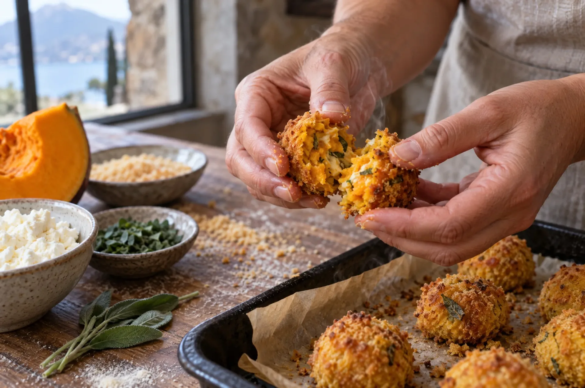 Pompoenballetjes uit de oven van dichtbij, een balletje opengebroken met oranje binnenkant, goudbruine korst en salie