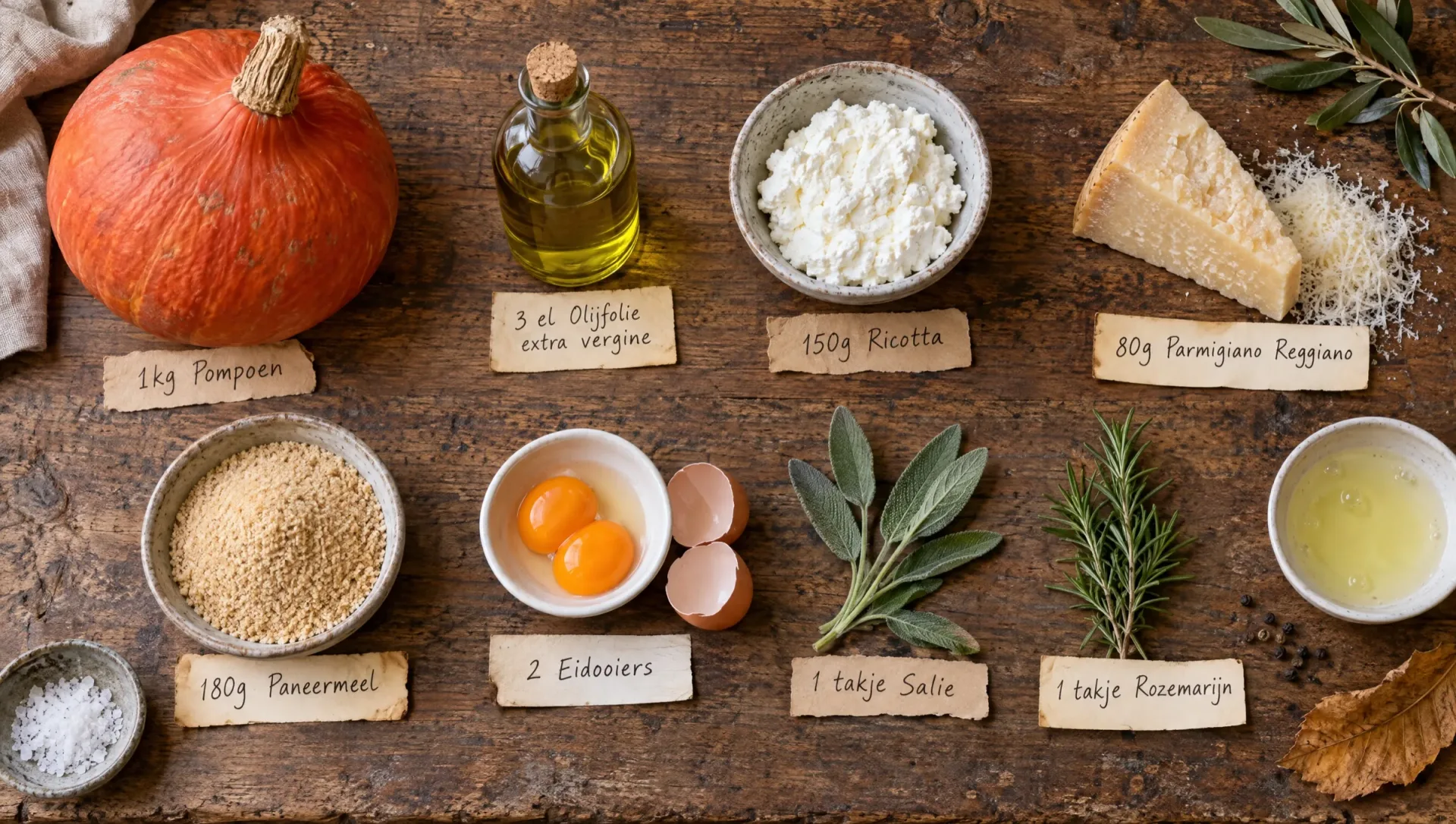 Ingrediënten voor pompoenballetjes uit de oven: Hokkaidopompoen, ricotta, Parmigiano, eieren, paneermeel, salie en rozemarijn