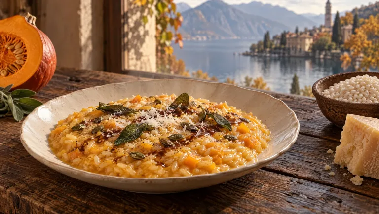 Pompoenrisotto met kalfsjus op een herfsttafel in Lombardije, met rauwe Hokkaido, Carnaroli, salie en Parmigiano